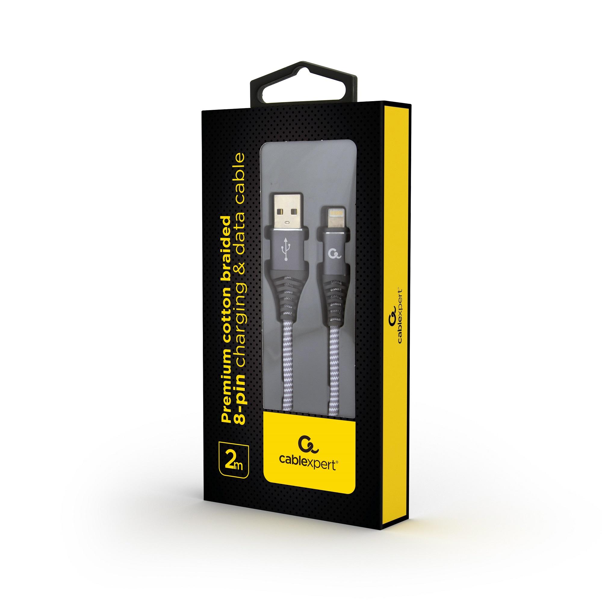 Kabel USB 2.0 (AM/8-pin lightning M) oplot tekstylny 2m grafitowo-biały Gembird - obrazek 3