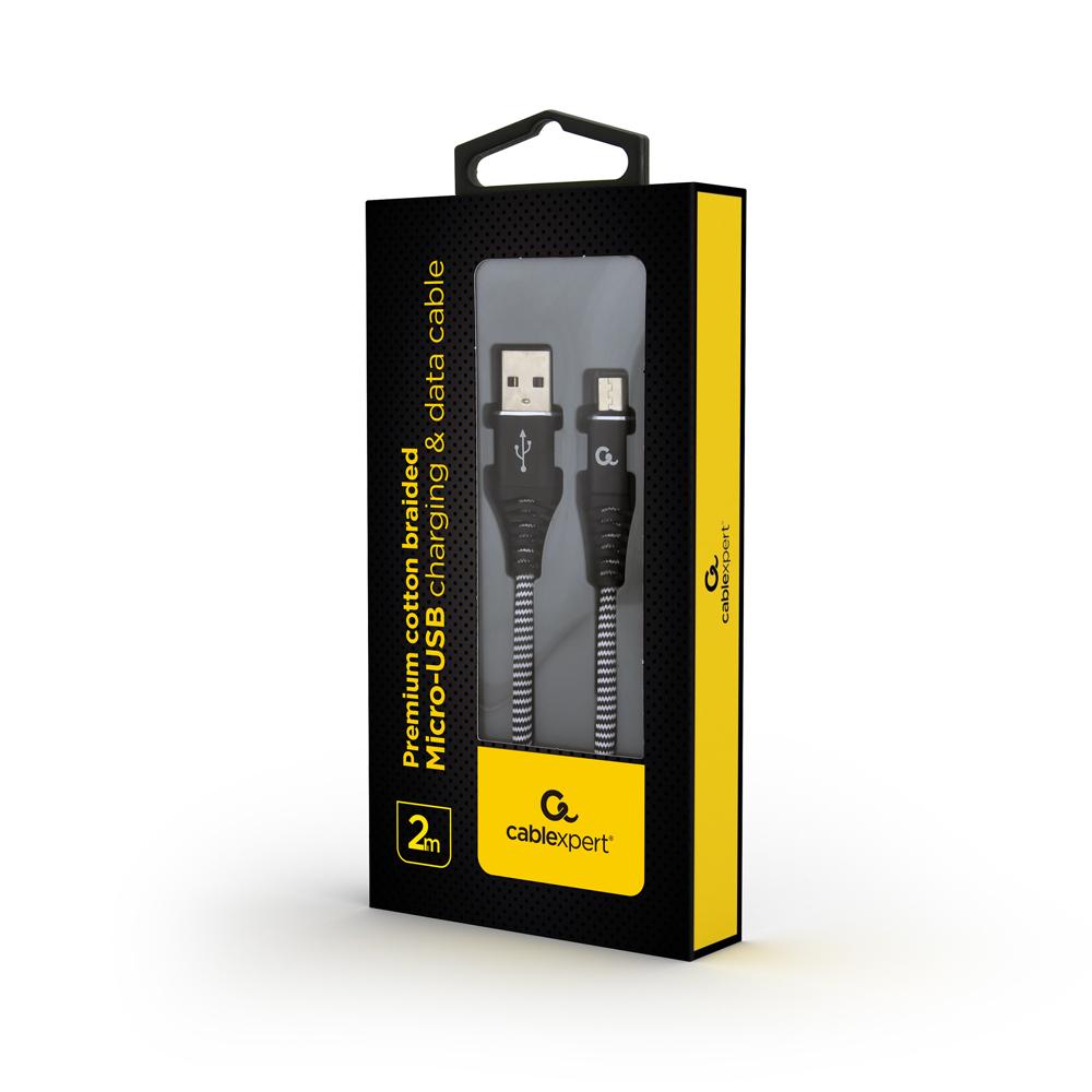 Kabel USB 2.0 (AM/microUSB M) 2m oplot tekstylny czarno-biały Gembird - obrazek 3