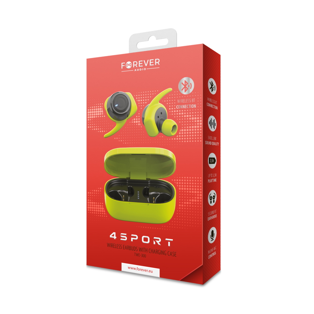 Forever słuchawki Bluetooth 4Sport TWE-300 zielone z etui ładującym - obrazek 3