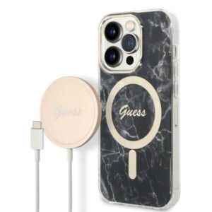 Guess zestaw nakładka + ładowarka do iPhone 14 Pro Max 6,7" GUBPP14XHMEACSK czarna hard case Marble MagSafe