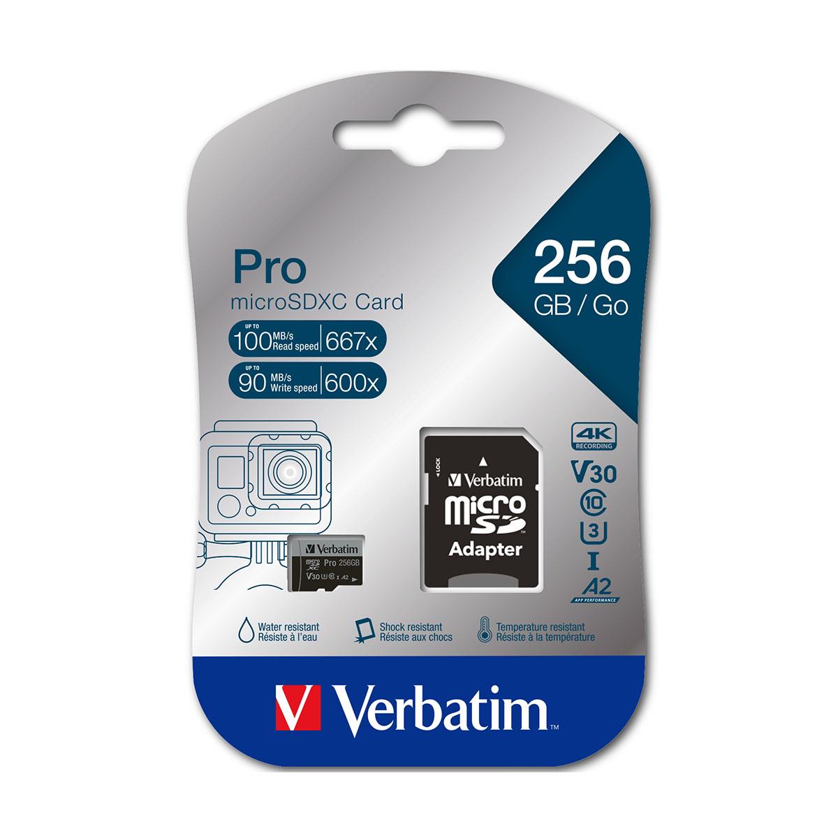 Karta pamięci Micro SDXC Verbatim Pro U3 256GB (100/90 MB/s) Class 10 U3 V30 + adapter - obrazek 2