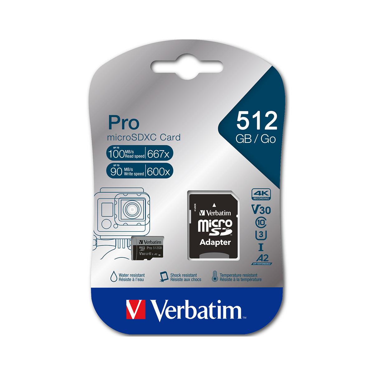 Karta pamięci Micro SDXC Verbatim Pro U3 512GB (100/90 MB/s) Class 10 U3 V30 + adapter - obrazek 3