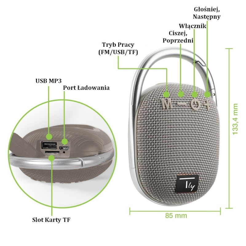 Głośnik Bluetooth 5.3, 5W, TWS, LED, USB MicroSD MP3, szary - obrazek 2
