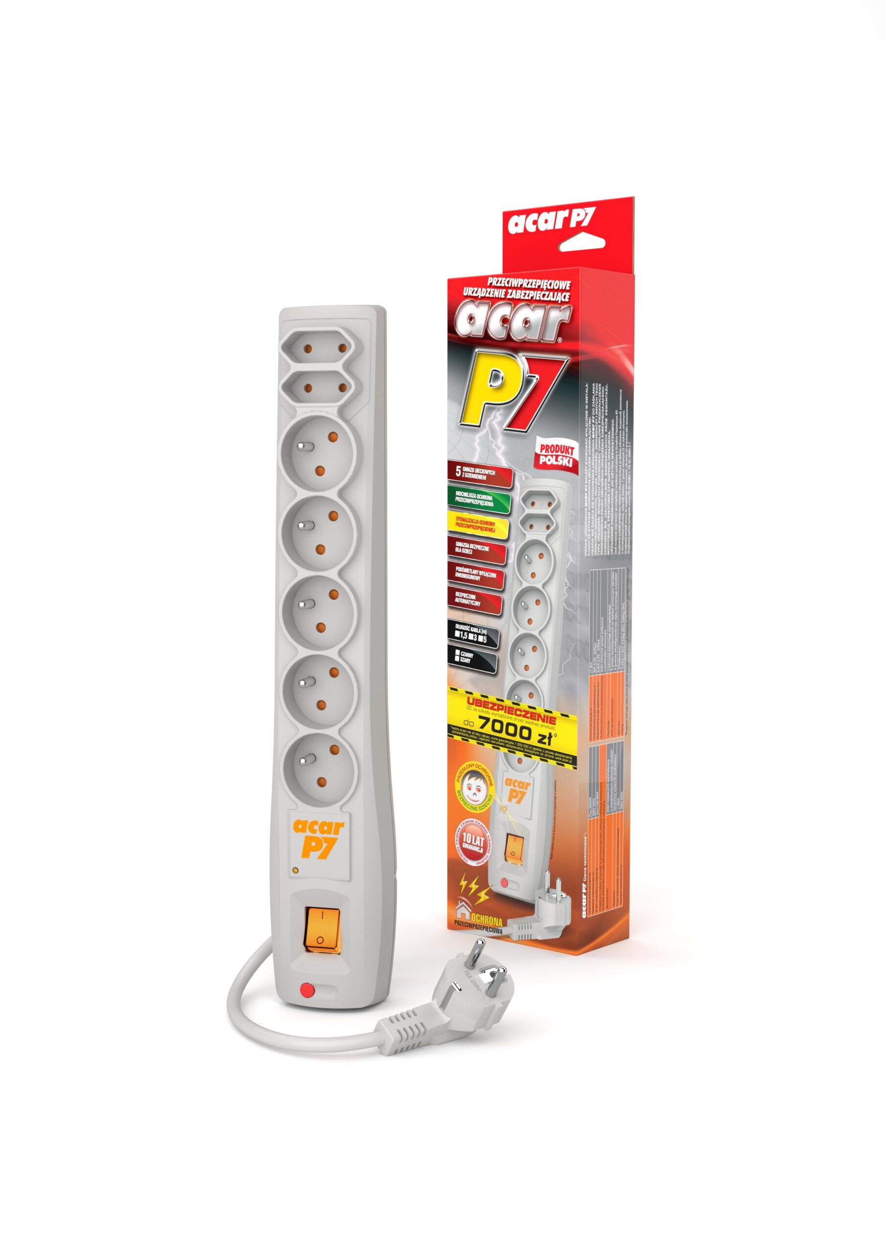 Listwa przeciwprzepięciowa Acar P7 3,0m 7 gniazd automat szara - obrazek 2