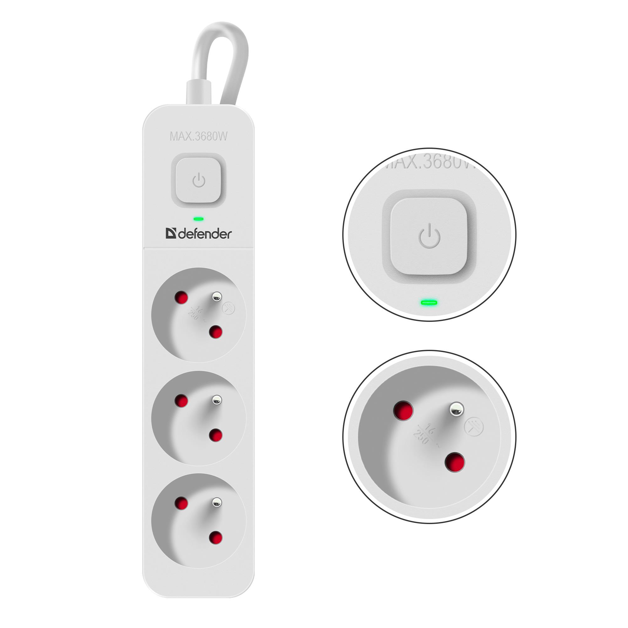 Listwa zasilająca Defender SFS 131 1,5 m, 3 gniazda, biała - obrazek 3