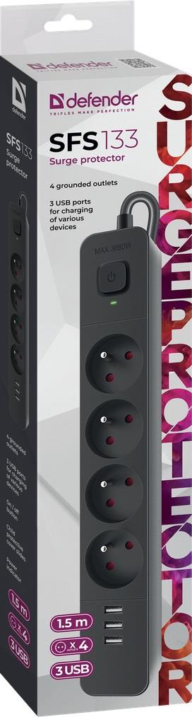 Listwa zasilająca Defender SFS 133 1,5 m, 4 gniazda, 3x USB - obrazek 2