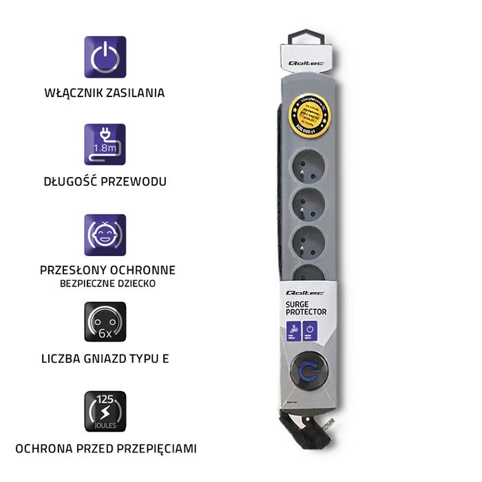 Listwa zasilająca antyprzepięciowa Qoltec Quick Switch | 6 gniazd | 1,8m | szara - obrazek 3