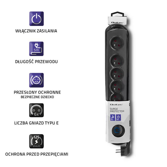 Listwa zasilająca antyprzepięciowa Qoltec | 6 gniazd | 5m | Czarna - obrazek 3