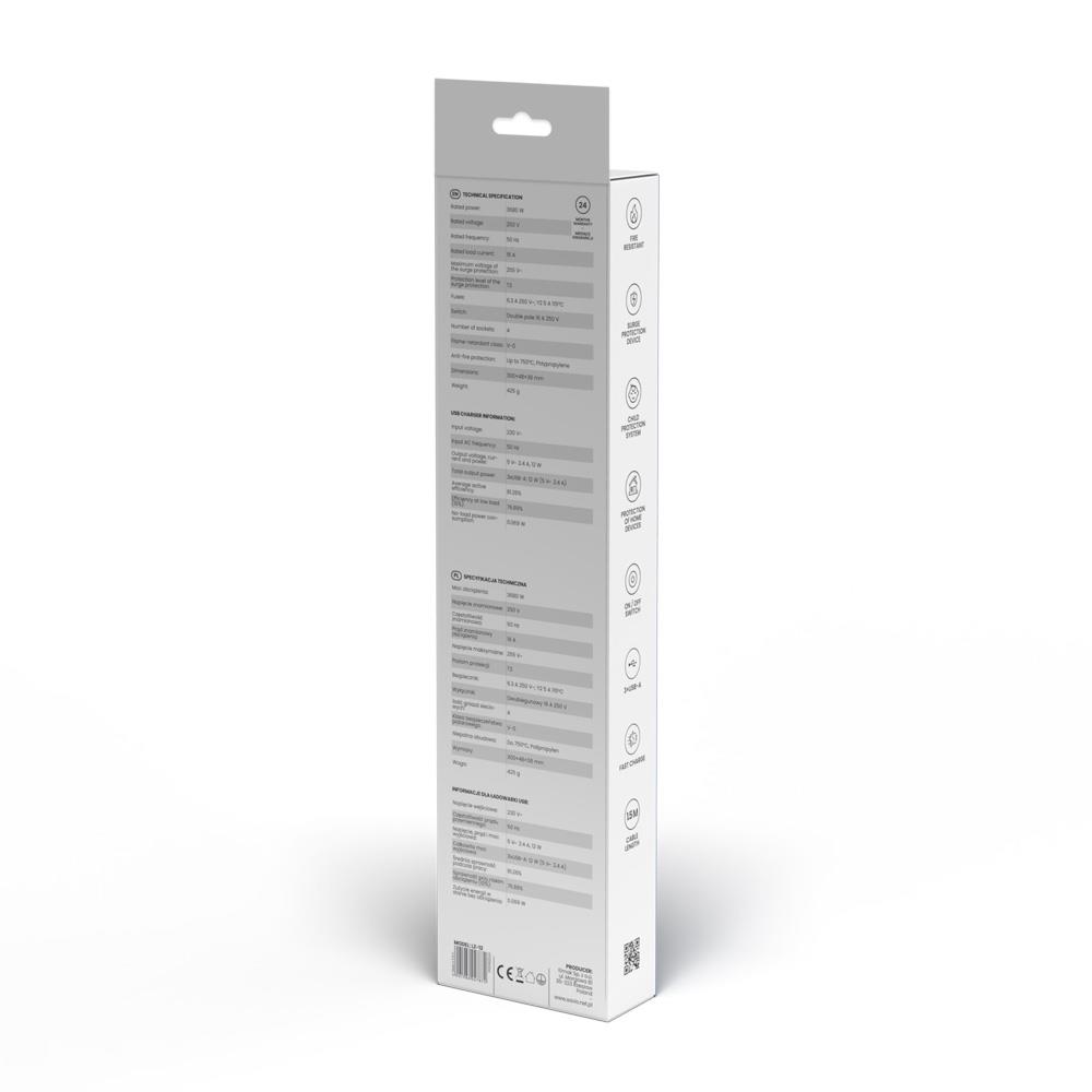 Listwa zasilająca przeciwprzepięciowa SAVIO LZ-12 4 gniazda i 3 gniazda USB-A, 1,5m - obrazek 10