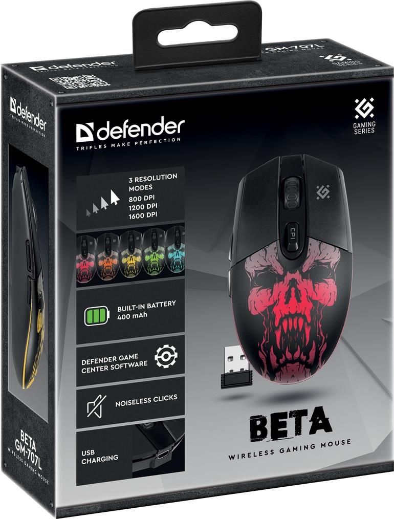 Mysz bezprzewodowa Defender BETA GM-707L optyczna 1600dpi czarna LED AKUMULATOR 6 przycisków Gaming bezklikowa silent - obrazek 4