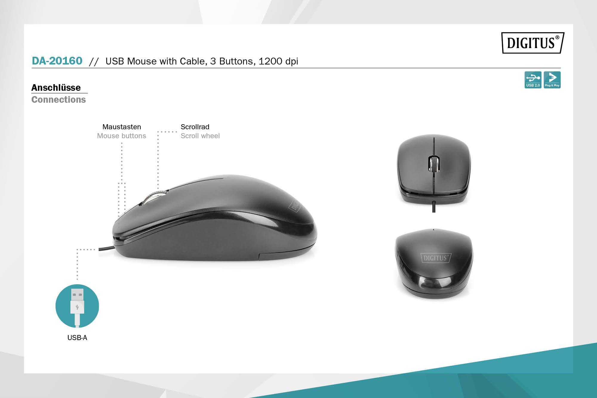 Mysz przewodowa DIGITUS optyczna 1200 DPI 3 przyciski czarna kabel 1.5m - obrazek 2