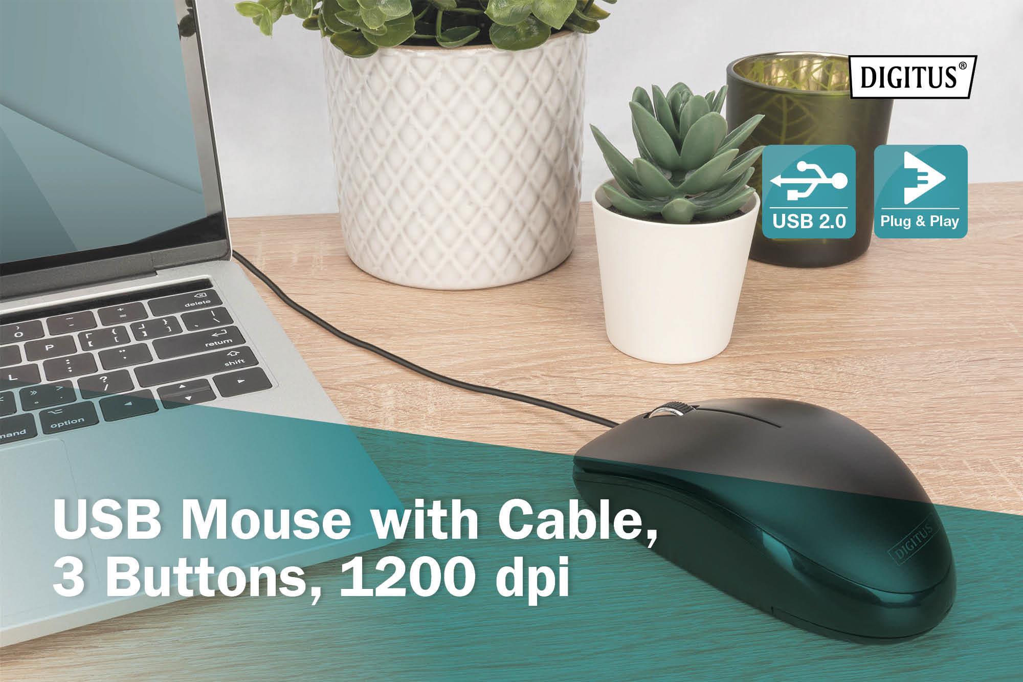 Mysz przewodowa DIGITUS optyczna 1200 DPI 3 przyciski czarna kabel 1.5m - obrazek 3