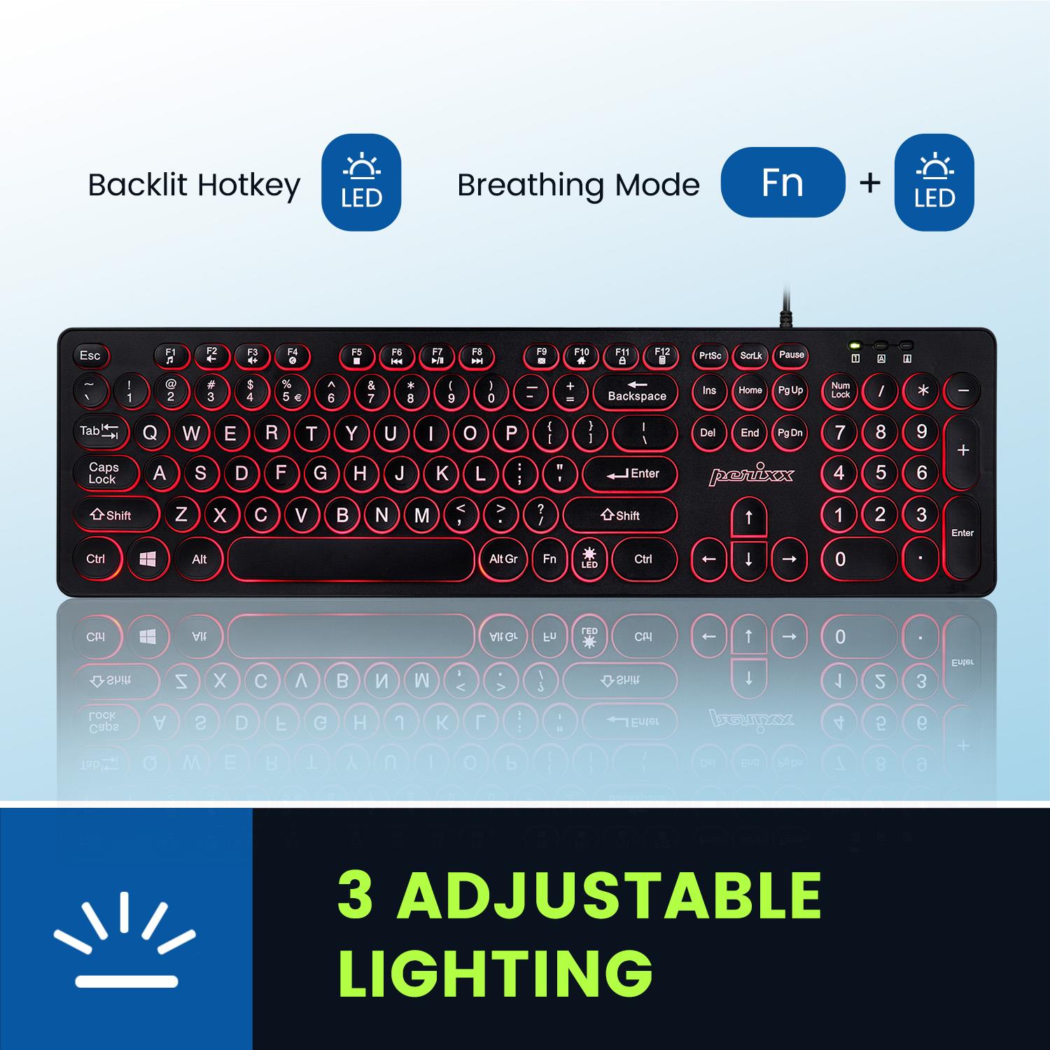 Klawiatura przewodowa Perixx PERIBOARD-317R podświetlana 3 kolory, czarna - obrazek 2