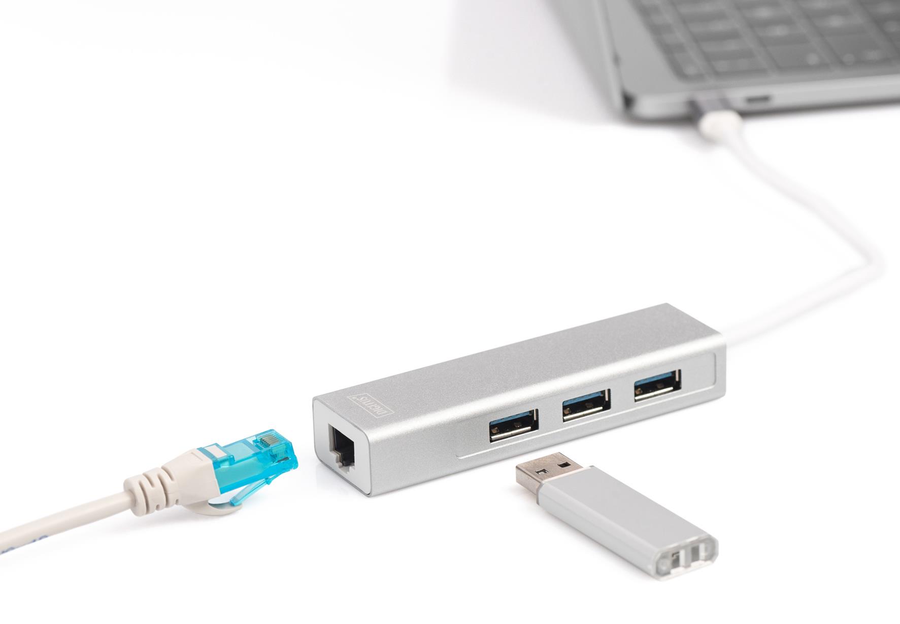HUB/Koncentrator DIGITUS 3-portowy USB Typ C, USB A HighSpeed z Gigabit LAN aluminium - obrazek 2