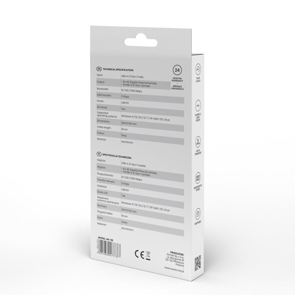 HUB USB-A 3.1 SAVIO AK-58 z adapterem RJ-45 3-portowy - obrazek 10