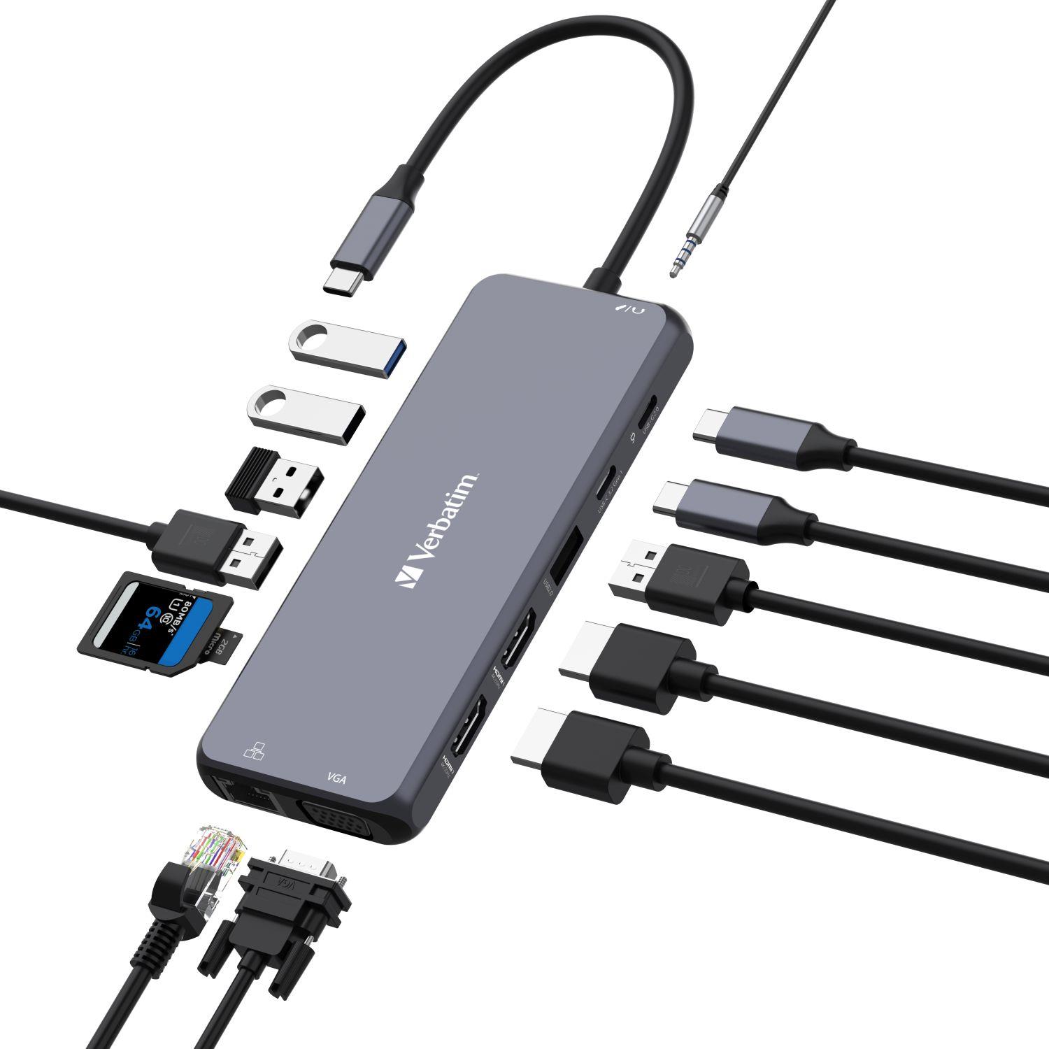 Hub USB Verbatim Multi Port CMH-14: 1x USB-C PD, 3xUSB-A 3.0, 1xUSB-C 3.0, 2xUSB-A 2.0, 2xHDMI, VGA, RJ-45, SD/microSD, audio - obrazek 5