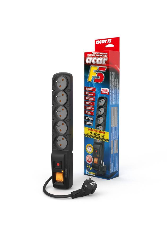 Listwa przeciwprzepięciowa Acar F5 2,5m czarna - obrazek 2