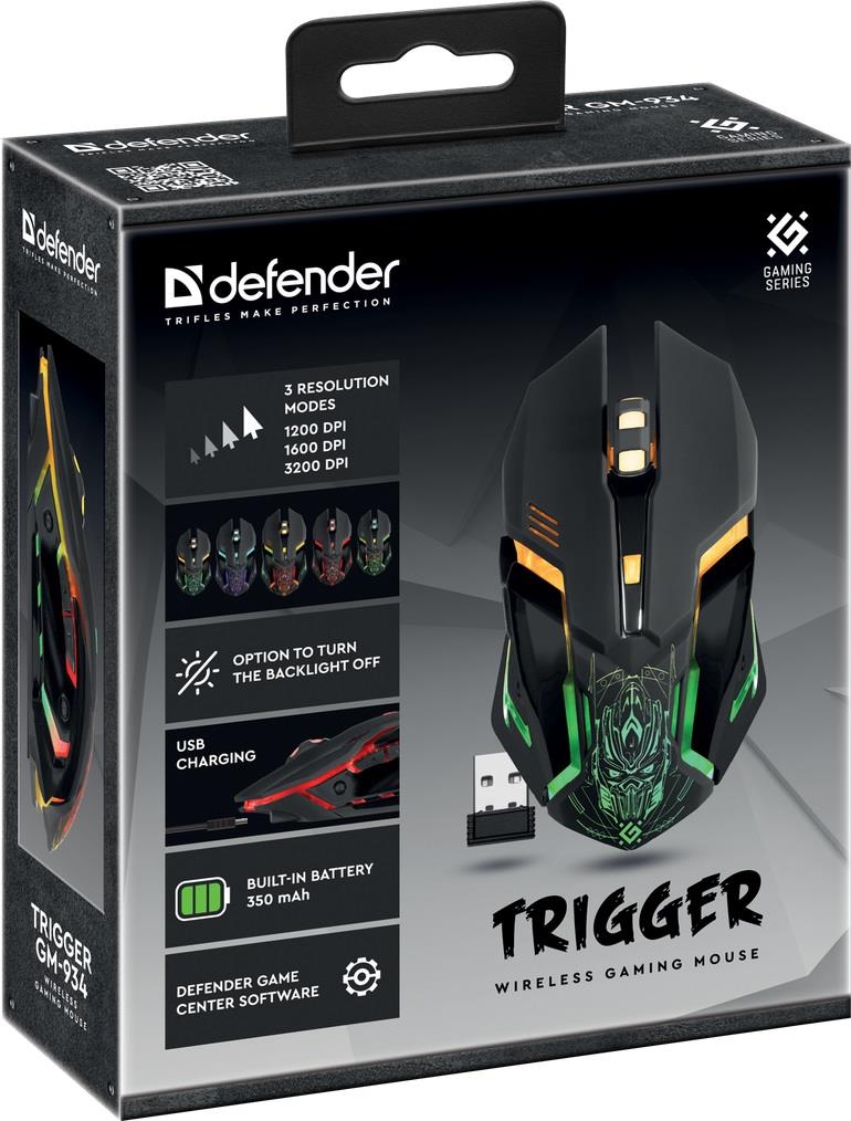 Mysz bezprzewodowa Defender TRIGGER GM-934 optyczna 3200dpi czarna LED AKUMULATOR 6 przycisków Gaming - obrazek 3