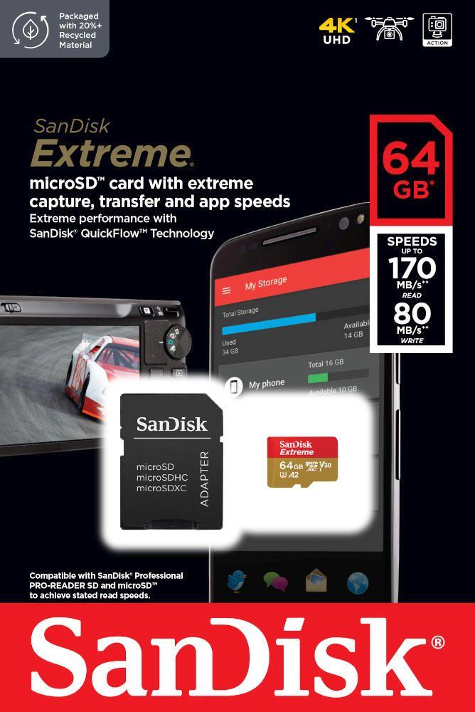 Karta pamięci MicroSDXC SanDisk EXTREME 64GB 170/80 MB/s A2 C10 V30 UHS-I U3 - obrazek 2
