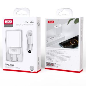 XO ładowarka sieciowa CE02A PD 20W QC 3.0 18W 1x USB 1x USB-C biała + kabel USB-C - Lightning