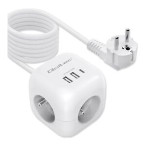 Kostka zasilająca Qoltec przedłużacz 6w1 z podświetlanym włącznikiem | 3x AC | 2x USB | 1x USB-C PD 20W | Biała | Kabel 2m