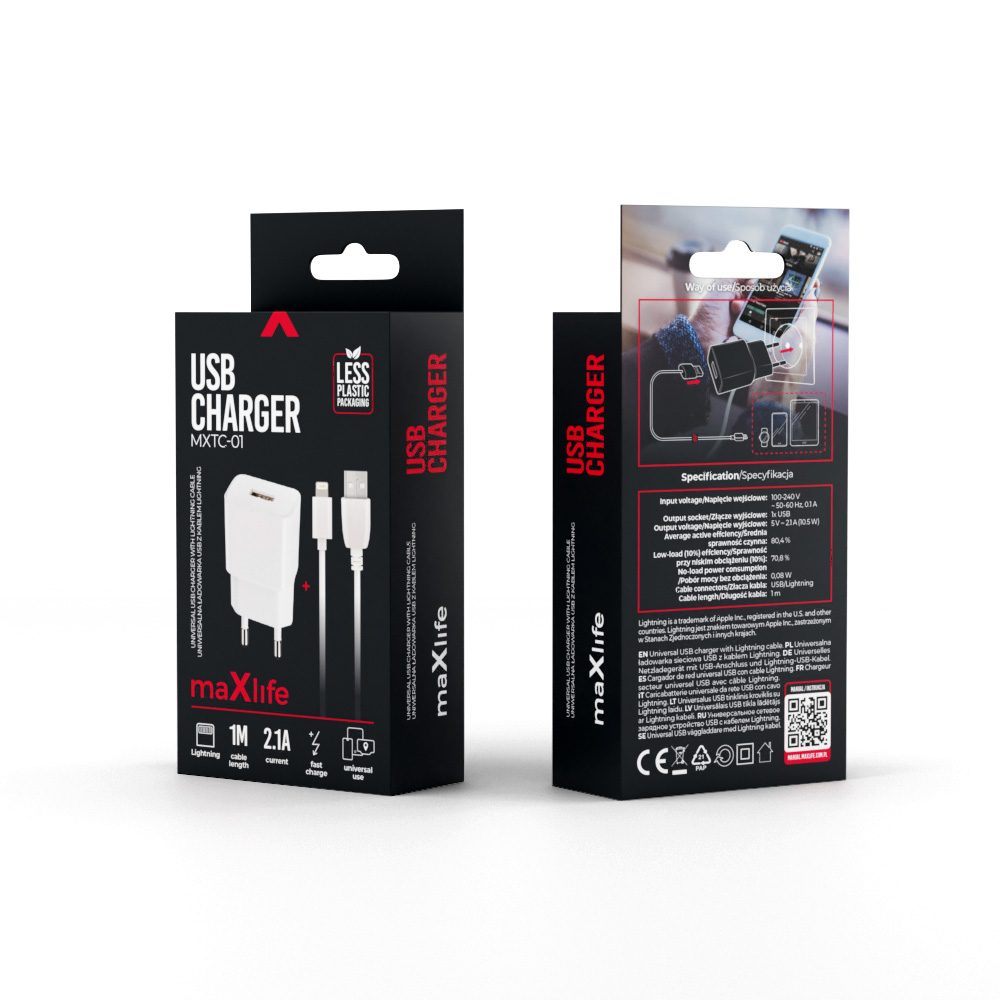 Maxlife ładowarka sieciowa MXTC-01 1x USB 2,1A biała + kabel Lightning - obrazek 7