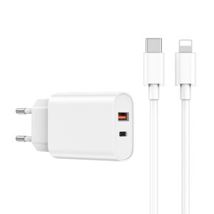 WIWU ładowarka sieciowa Wi-U002 PD + QC 20W 1x USB 1x USB-C biała + kabel USB-C - Lightning