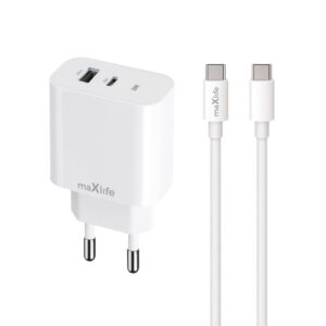 Maxlife ładowarka sieciowa PD QC MXTC-06-30AC 1x USB-C 1x USB 30W biała + kabel USB-C - USB-C 60W