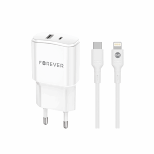 Forever ładowarka sieciowa PD QC TC-01-20AC 1x USB-C 1x USB 20W biała + kabel USB-C - Lightning 20W