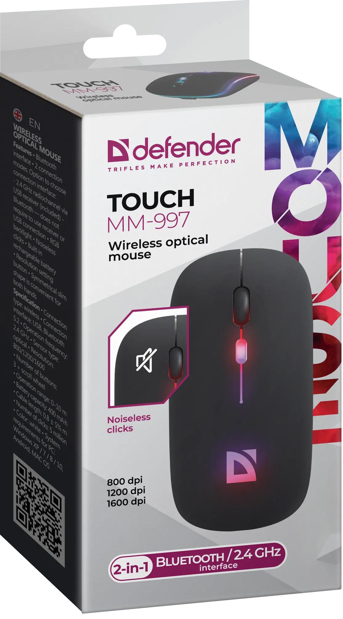 Mysz bezprzewodowa Defender TOUCH MM-997 optyczna 1600dpi 2.4 GHz + Bluetooth czarna RGB AKUMULATOR bezklikowa silent - obrazek 5