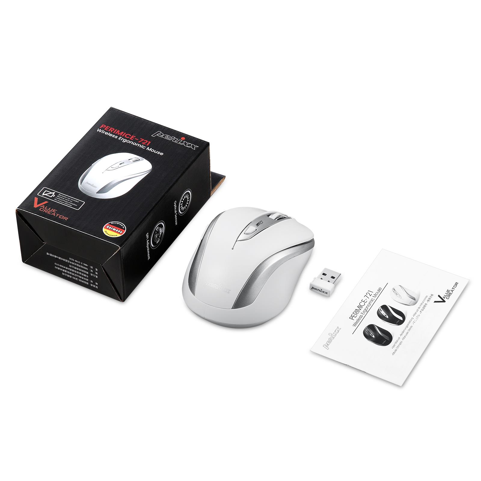 Mysz bezprzewodowa Perixx PERIMICE-721 optyczna 1600dpi 2.4 GHz, biało-srebrna, silent, cicha, bezklikowa - obrazek 5