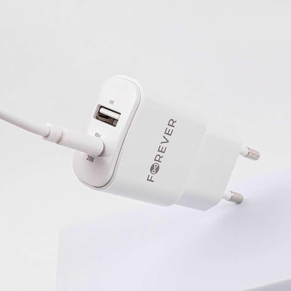 Forever ładowarka sieciowa PD QC TC-01-20AC 1x USB-C 1x USB 20W biała + kabel USB-C - Lightning 20W - obrazek 3